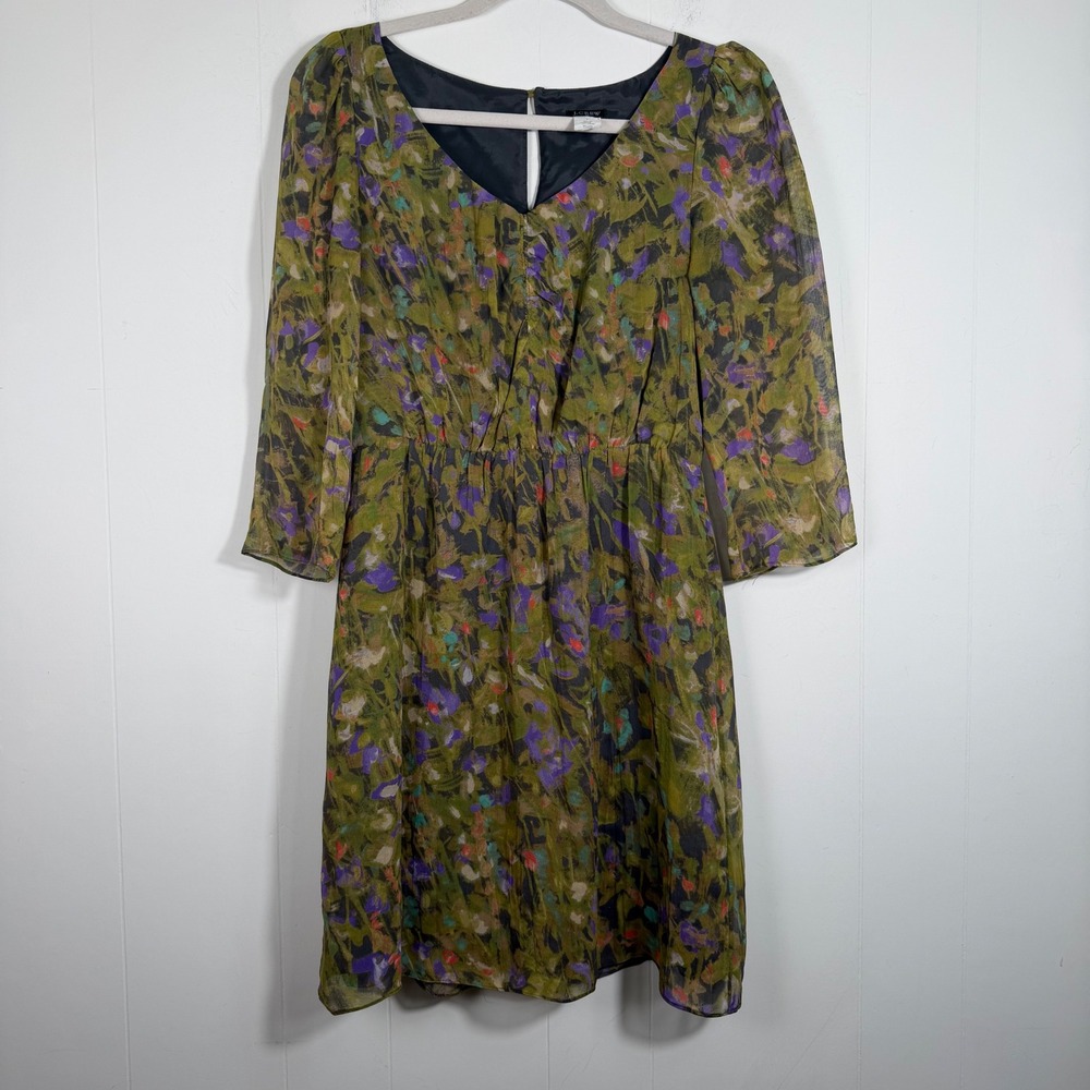 J.Crew Silk Abstract Floral V-Neck Dress Green Purple Size 2 Fairy Grunge Goblin